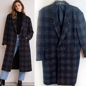 Vintage 80s Confetti Wool Blend Power Coat Medium Oversized Pockets Plaid Black